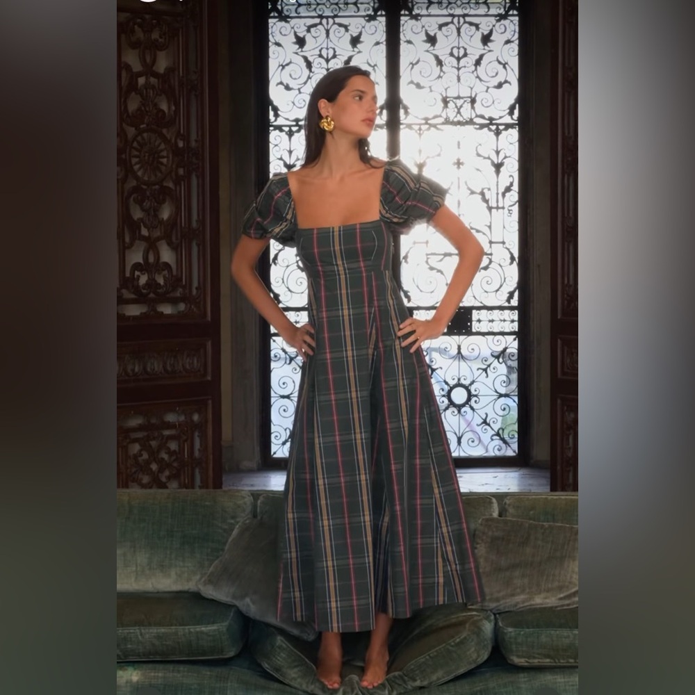 Hill House Navy Plaid Midi Dress with Puff Sleeves